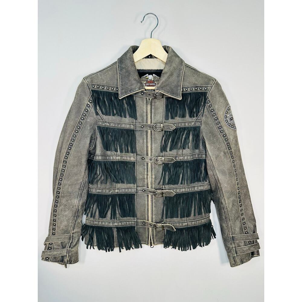 Harley Davidson Aged Leather Fringe Motorcycle Jacket Size Medium - Picture 1 of 10